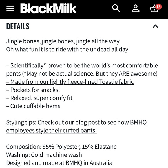 Blackmilk “JINGLE BONES CUFFED PANTS” Size Medium M NWT Xmas Holidays Creepmas - Picture 8 of 14